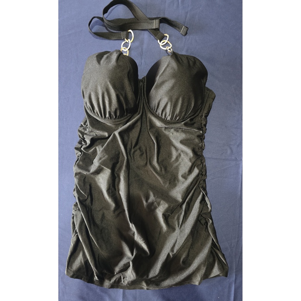 Marilyn Monroe Black 1x Halter One Piece Swimsuit Gold Chain Ruched Swim‎ Dress